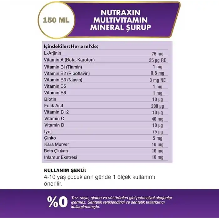 Nutraxin Kids Multivitamin Mineral Şurup 150 ml – 17 Vitamin ve Mineral, L-Arjinin, Kara Mürver, Beta Glukan, Çocuklar İçin Bağışıklık ve Gelişim Desteği