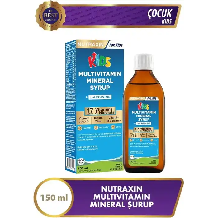 Nutraxin Kids Multivitamin Mineral Şurup 150 ml – 17 Vitamin ve Mineral, L-Arjinin, Kara Mürver, Beta Glukan, Çocuklar İçin Bağışıklık ve Gelişim Desteği