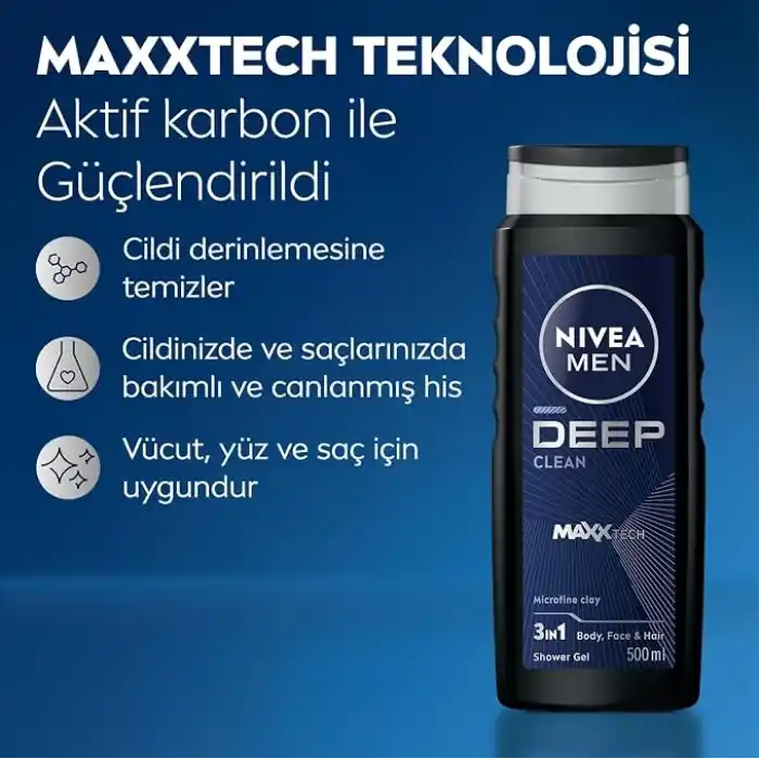 NIVEA MEN Erkek Deep Darkwood Banyo ve Duş Jeli 500 ml,Derinlemesine Temizlik,Bakımlı Cilt,Vücut,Yüz ve Saç İçin,Ferah Koku,Aktif Karbon
