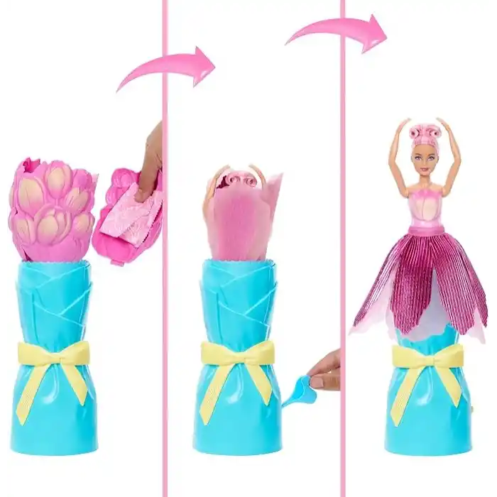 Barbie Petal Pop bebek ve aksesuarlar, lale şeklinde pembe bir elbise giyen kokulu bebek, minik tavşan ve sulama kabı, kolye ve küpe gibi sürprizler ile çiçek buketi sürprizi, JMF57