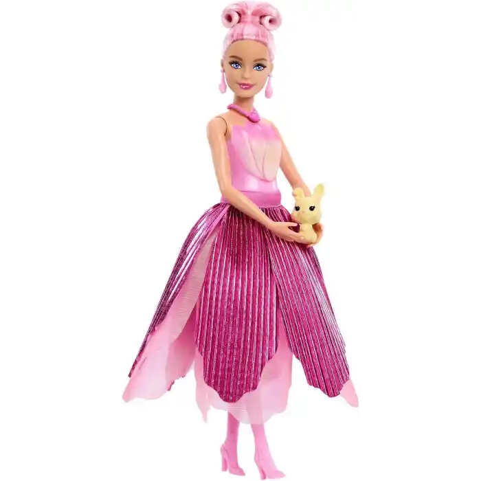 Barbie Petal Pop bebek ve aksesuarlar, lale şeklinde pembe bir elbise giyen kokulu bebek, minik tavşan ve sulama kabı, kolye ve küpe gibi sürprizler ile çiçek buketi sürprizi, JMF57