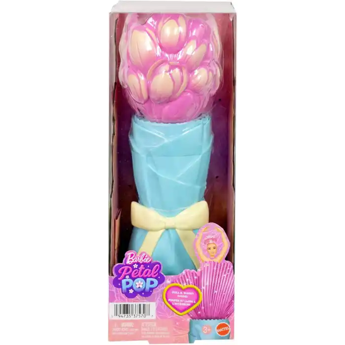 Barbie Petal Pop bebek ve aksesuarlar, lale şeklinde pembe bir elbise giyen kokulu bebek, minik tavşan ve sulama kabı, kolye ve küpe gibi sürprizler ile çiçek buketi sürprizi, JMF57