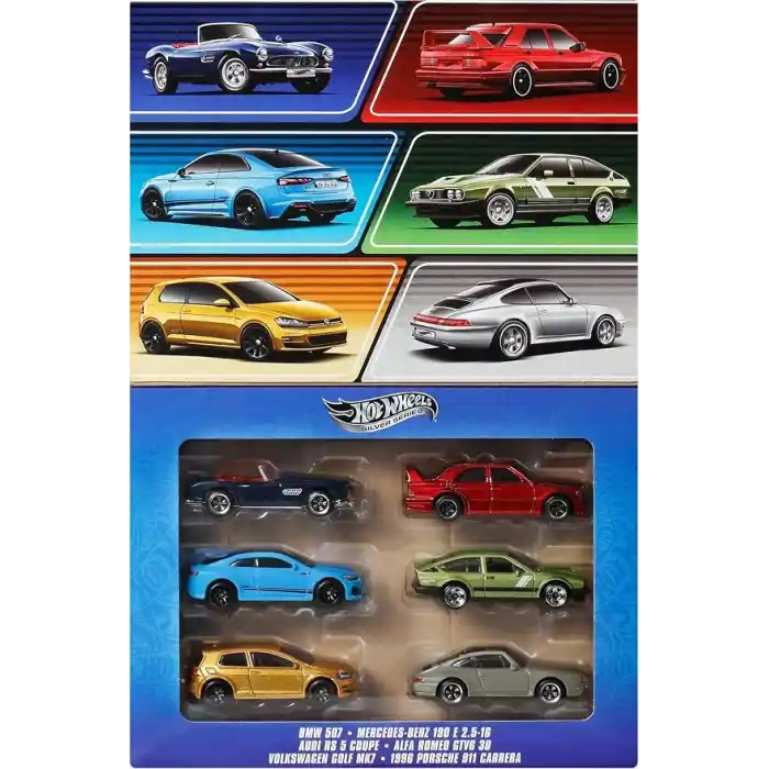 Hot Wheels 1:64 ölçekli metal oyuncak arabalar, özel süslemelere sahip 6lı Avrupa aracı seti (Stiller çeşitlilik gösterebilir), JBY79