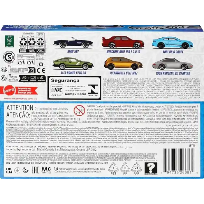 Hot Wheels 1:64 ölçekli metal oyuncak arabalar, özel süslemelere sahip 6lı Avrupa aracı seti (Stiller çeşitlilik gösterebilir), JBY79