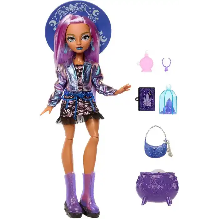 Moonspell Magic by Monster High bebeği, Layla Stone, kazan sürprizi, iksir şişesi ve sihir kitabı gibi aksesuarlar, JMB90