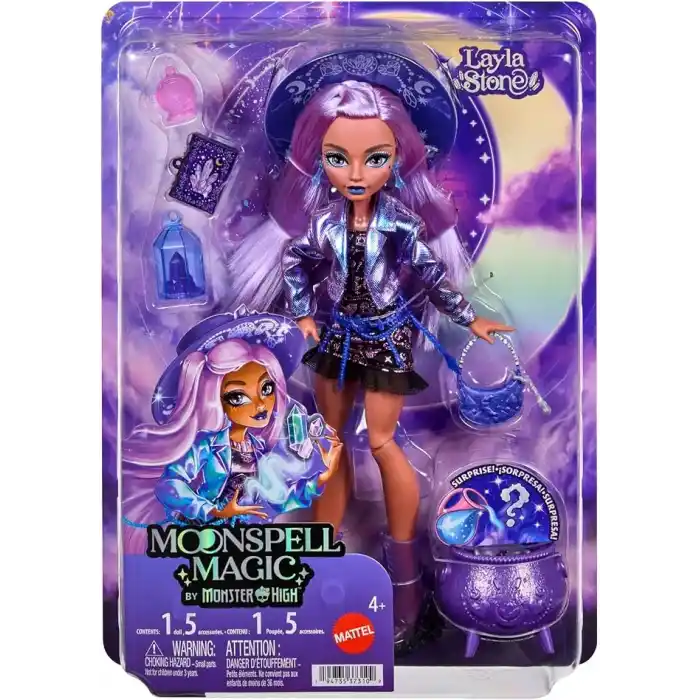 Moonspell Magic by Monster High bebeği, Layla Stone, kazan sürprizi, iksir şişesi ve sihir kitabı gibi aksesuarlar, JMB90