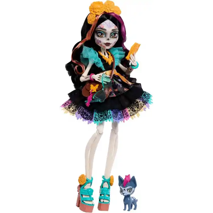 Monster High Renkli papel picado elbisesi giyen Monster High Skelita Calavera bebek, köpekçiği Candelita ve eskiz defteri, atıştırmalık ve çapraz çanta gibi 7 aksesuar, JHK34