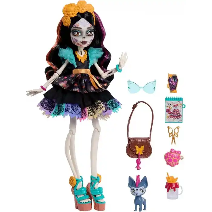 Monster High Renkli papel picado elbisesi giyen Monster High Skelita Calavera bebek, köpekçiği Candelita ve eskiz defteri, atıştırmalık ve çapraz çanta gibi 7 aksesuar, JHK34