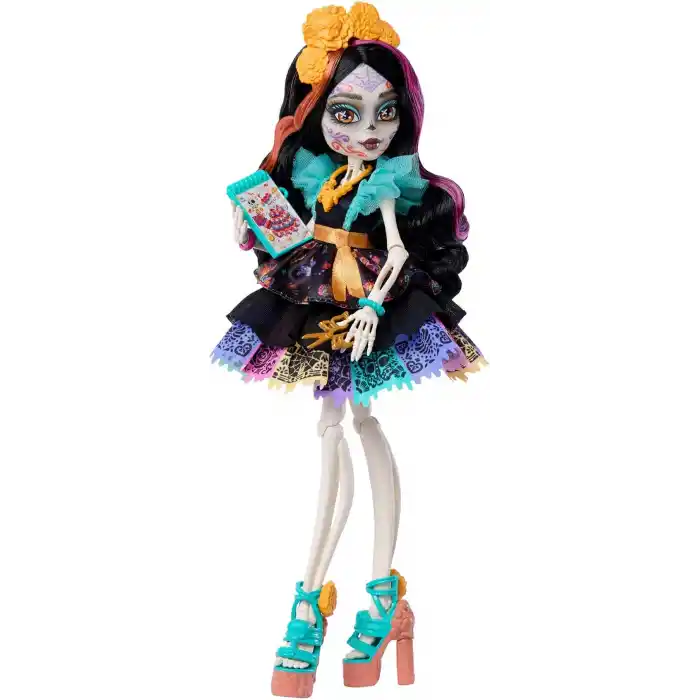 Monster High Renkli papel picado elbisesi giyen Monster High Skelita Calavera bebek, köpekçiği Candelita ve eskiz defteri, atıştırmalık ve çapraz çanta gibi 7 aksesuar, JHK34
