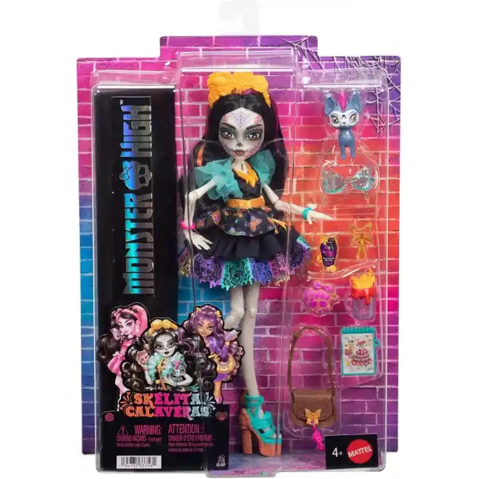 Monster High Renkli papel picado elbisesi giyen Monster High Skelita Calavera bebek, köpekçiği Candelita ve eskiz defteri, atıştırmalık ve çapraz çanta gibi 7 aksesuar, JHK34