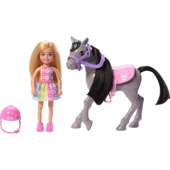 Barbie Chelsea™ Bebek ve Midilli Barbie Chelsea bebek ve oyuncak at seti, kask aksesuarı dahildir, bebeğin dizleri midilliye binmek için bükülebilir HTK29