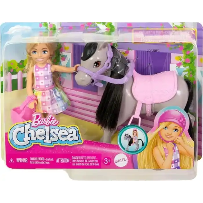 Barbie Chelsea™ Bebek ve Midilli Barbie Chelsea bebek ve oyuncak at seti, kask aksesuarı dahildir, bebeğin dizleri midilliye binmek için bükülebilir HTK29