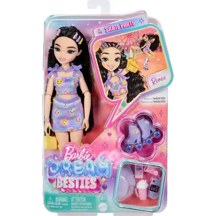 Barbie Rüya Arkadaşlar bebek ve aksesuarları, eklemleri bükülebilen, siyah saçlı, Patenci Renee bebek, video ve yemek temalı 12 parça, JFX99