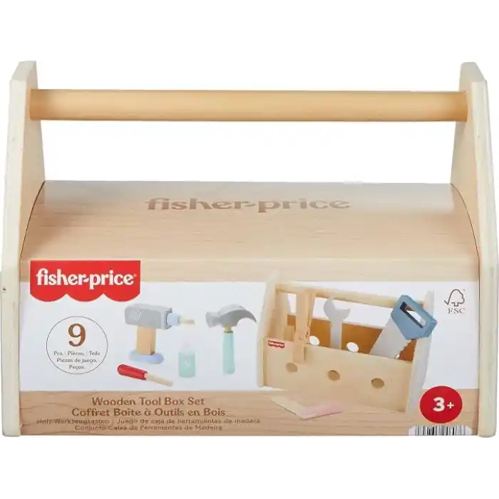 Fisher-Price, 3 yaş ve üzeri çocuklar için 9 ahşap parçadan oluşan Ahşap Tamir Kutusu ve oyuncak matkap, HYG50