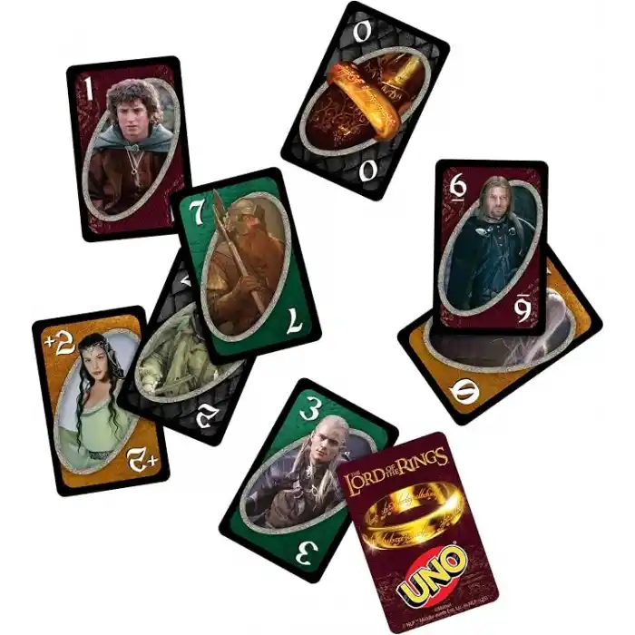 Çocuklar, yetişkinler, aileyle bir araya gelinen akşamlar, seyahatler ve kamp günlerine uygun, film serisinden ilham alan Mattel UNO Lord of the Rings Kartlar, JMF13