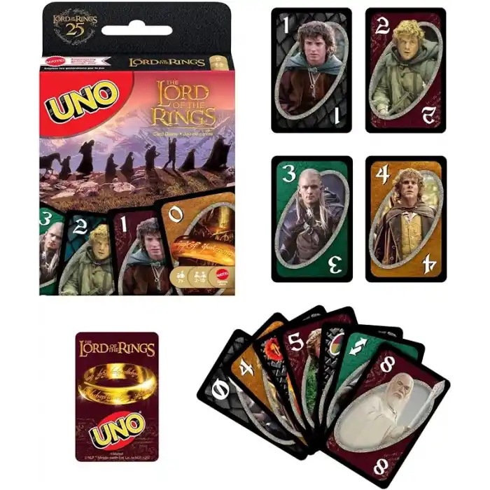 Çocuklar, yetişkinler, aileyle bir araya gelinen akşamlar, seyahatler ve kamp günlerine uygun, film serisinden ilham alan Mattel UNO Lord of the Rings Kartlar, JMF13