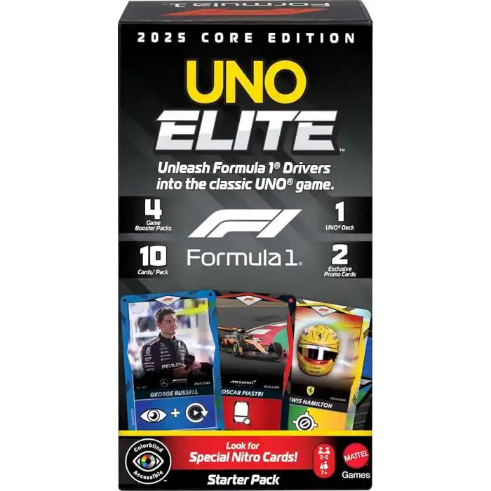 Çocuklar, hayranlar, aileler ve oyun geceleri için Mattel Games UNO Elite F1 Kartlar - Başlangıç Paketi kart oyunu, 4 Ek Kart Paketi ve 2 Özel Kart, JLV42