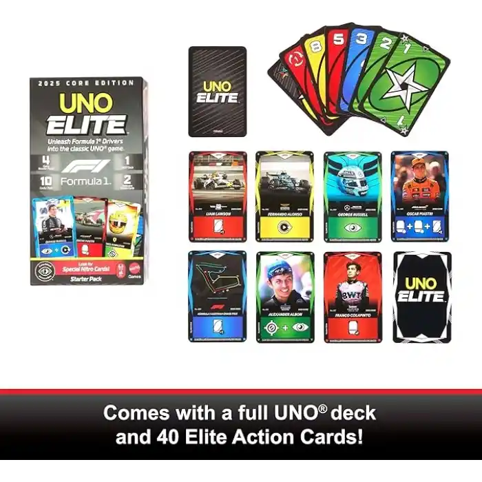 Çocuklar, hayranlar, aileler ve oyun geceleri için Mattel Games UNO Elite F1 Kartlar - Başlangıç Paketi kart oyunu, 4 Ek Kart Paketi ve 2 Özel Kart, JLV42