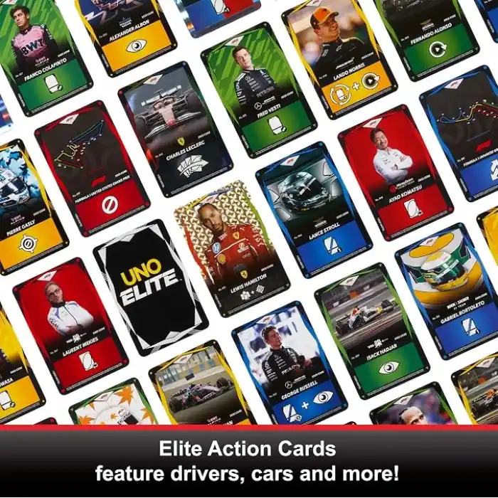 Çocuklar, hayranlar, aileler ve oyun geceleri için Mattel Games UNO Elite F1 Kartlar - Başlangıç Paketi kart oyunu, 4 Ek Kart Paketi ve 2 Özel Kart, JLV42
