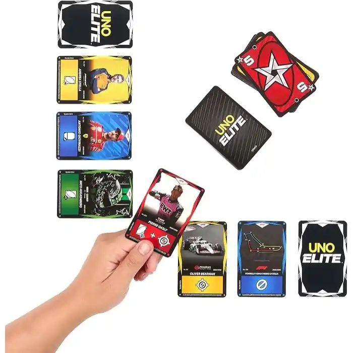 Çocuklar, hayranlar, aileler ve oyun geceleri için Mattel Games UNO Elite F1 Kartlar - Başlangıç Paketi kart oyunu, 4 Ek Kart Paketi ve 2 Özel Kart, JLV42