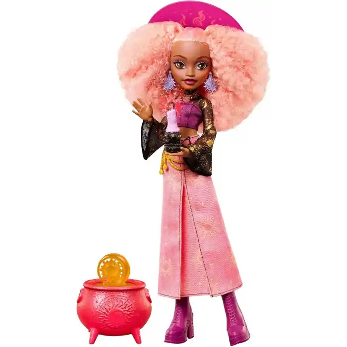 Moonspell Magic by Monster High bebeği, Güneş Cadısı Rae Lumina, kazan sürprizi, mum ve sihir kitabı gibi aksesuarlar, JMB91