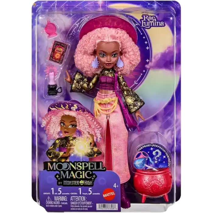 Moonspell Magic by Monster High bebeği, Güneş Cadısı Rae Lumina, kazan sürprizi, mum ve sihir kitabı gibi aksesuarlar, JMB91