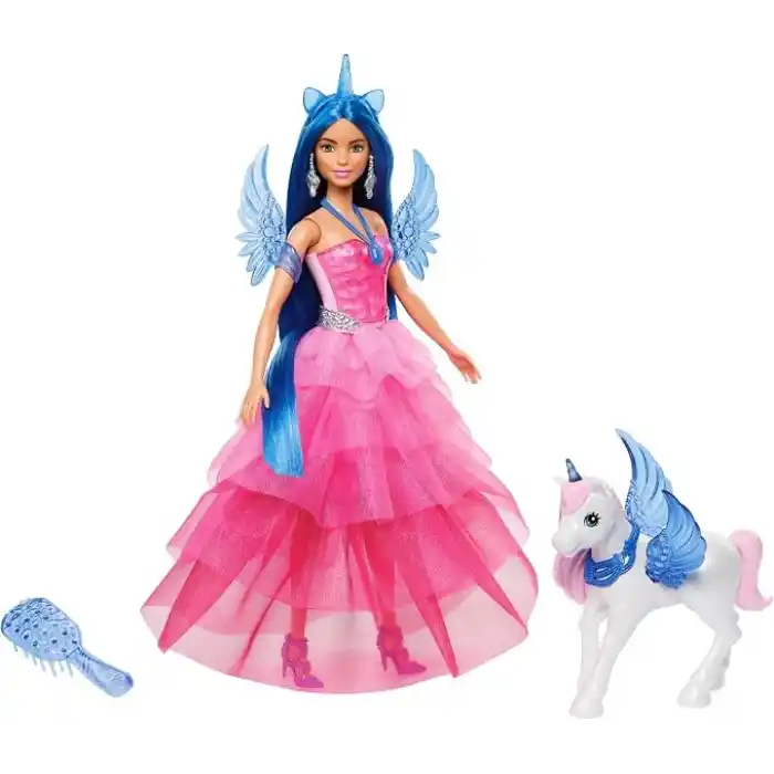 Barbie, 65. yıla özel, mavi saçlı, pembe elbiseli bebek ile safir kanatlar gibi aksesuarlar, HRR16