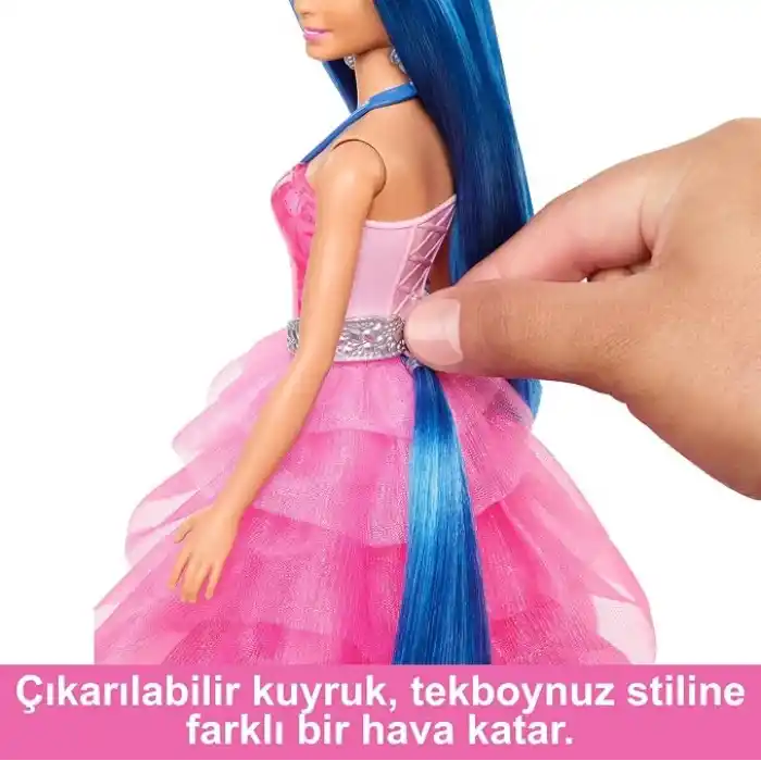 Barbie, 65. yıla özel, mavi saçlı, pembe elbiseli bebek ile safir kanatlar gibi aksesuarlar, HRR16