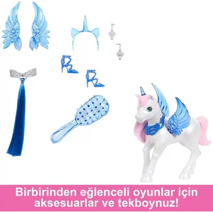 Barbie, 65. yıla özel, mavi saçlı, pembe elbiseli bebek ile safir kanatlar gibi aksesuarlar, HRR16