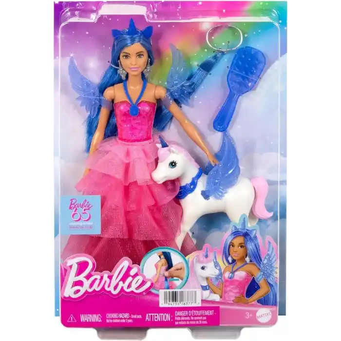 Barbie, 65. yıla özel, mavi saçlı, pembe elbiseli bebek ile safir kanatlar gibi aksesuarlar, HRR16