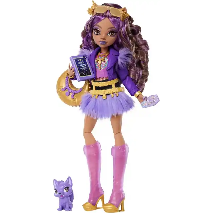 Mor motosiklet ceketi ve tüylü etek giyen Monster High Clawdeen Wolf bebek, kurt Crescent ve kitap, kruvasan ve çanta gibi 7 aksesuar, JHK30