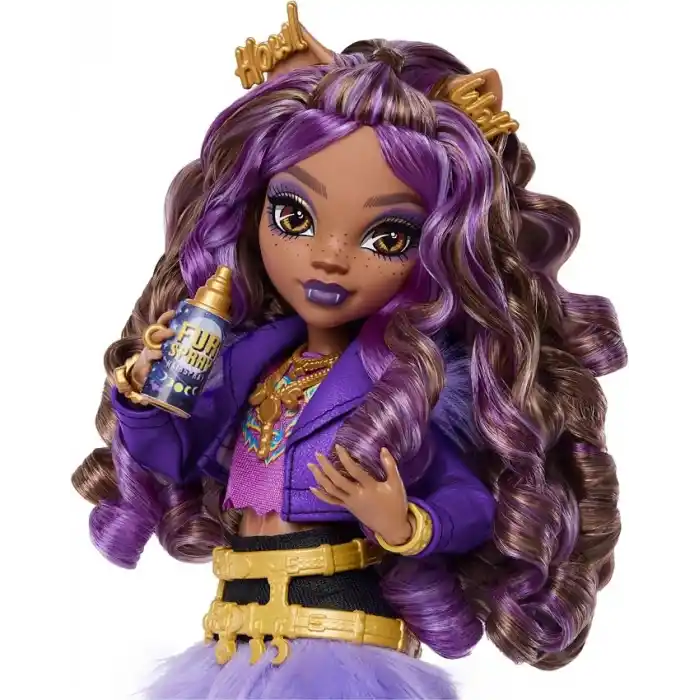 Mor motosiklet ceketi ve tüylü etek giyen Monster High Clawdeen Wolf bebek, kurt Crescent ve kitap, kruvasan ve çanta gibi 7 aksesuar, JHK30