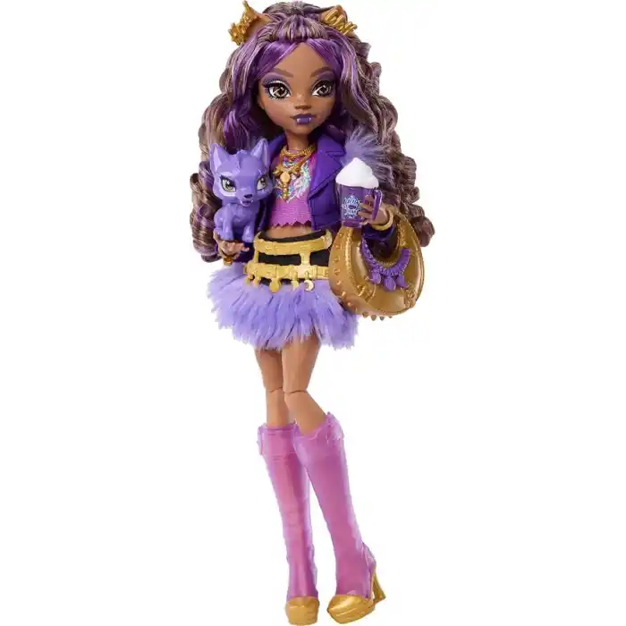 Mor motosiklet ceketi ve tüylü etek giyen Monster High Clawdeen Wolf bebek, kurt Crescent ve kitap, kruvasan ve çanta gibi 7 aksesuar, JHK30