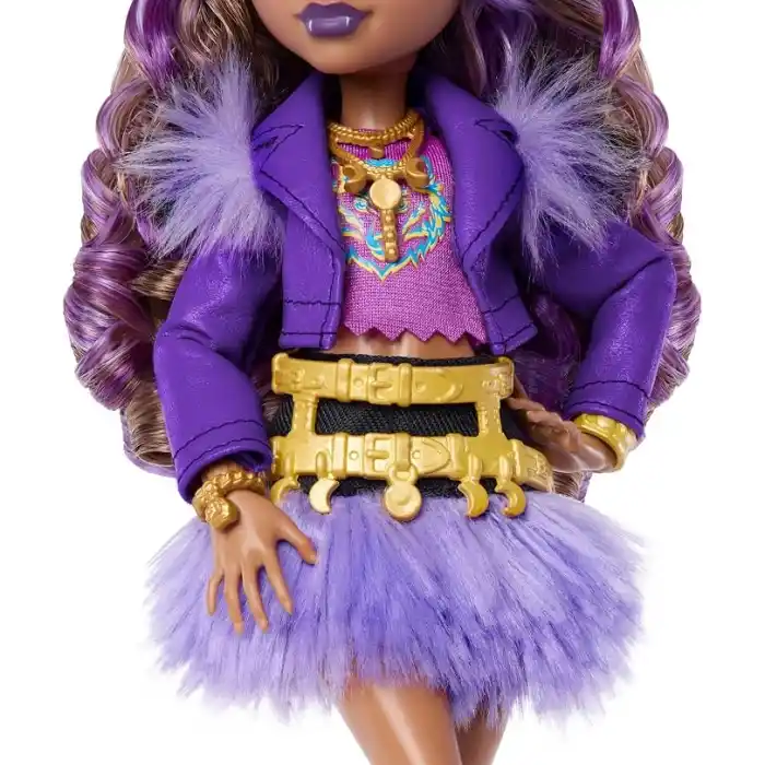 Mor motosiklet ceketi ve tüylü etek giyen Monster High Clawdeen Wolf bebek, kurt Crescent ve kitap, kruvasan ve çanta gibi 7 aksesuar, JHK30