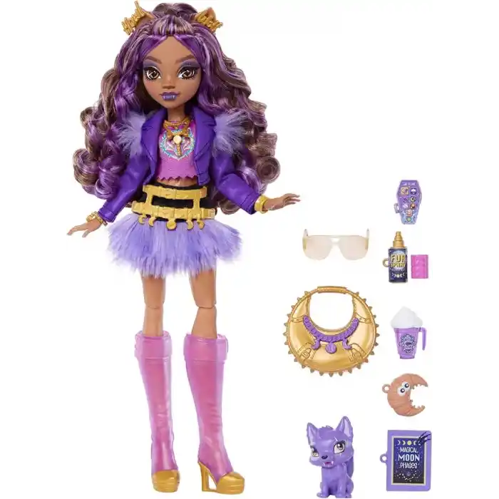 Mor motosiklet ceketi ve tüylü etek giyen Monster High Clawdeen Wolf bebek, kurt Crescent ve kitap, kruvasan ve çanta gibi 7 aksesuar, JHK30