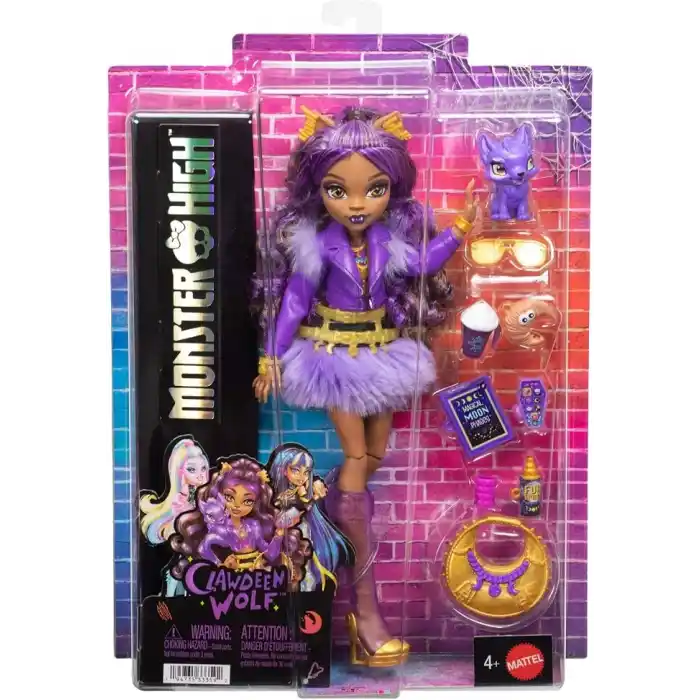 Mor motosiklet ceketi ve tüylü etek giyen Monster High Clawdeen Wolf bebek, kurt Crescent ve kitap, kruvasan ve çanta gibi 7 aksesuar, JHK30