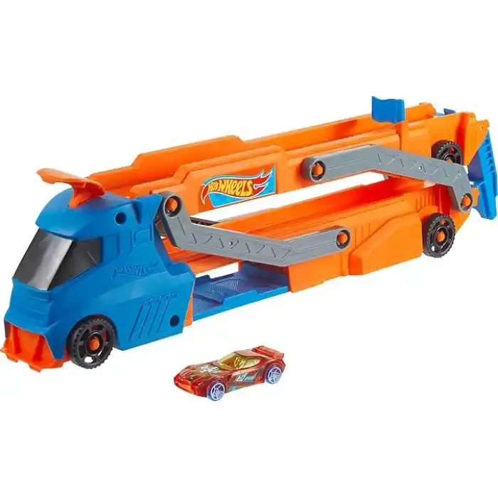 Hot Wheels Tır - YENİ Hot Wheels Tır - YENİ, fırlatıcısı olan ve 40 cmlik piste dönüşen kamyon, 9 oyuncak araba sığabilir, 1:64 ölçekli araç dahildir HYT83