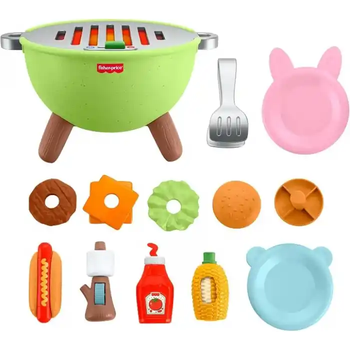 Fisher-Price Kamp Zamanı Barbekü Seti, okul öncesi çağdaki 2 yaş ve üzeri çocuklar için yiyecek temalı oyun seti ve 14 parça, JLB82