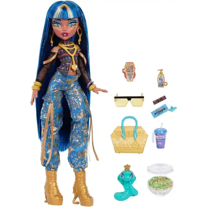 Kısa bluz ve altın rengi detaylı kot kargo pantolon giyen Monster High Cleo De Nile bebek, evcil yılanı Hissette ve salata, smoothie ve çanta gibi 7 aksesuar, JHK32