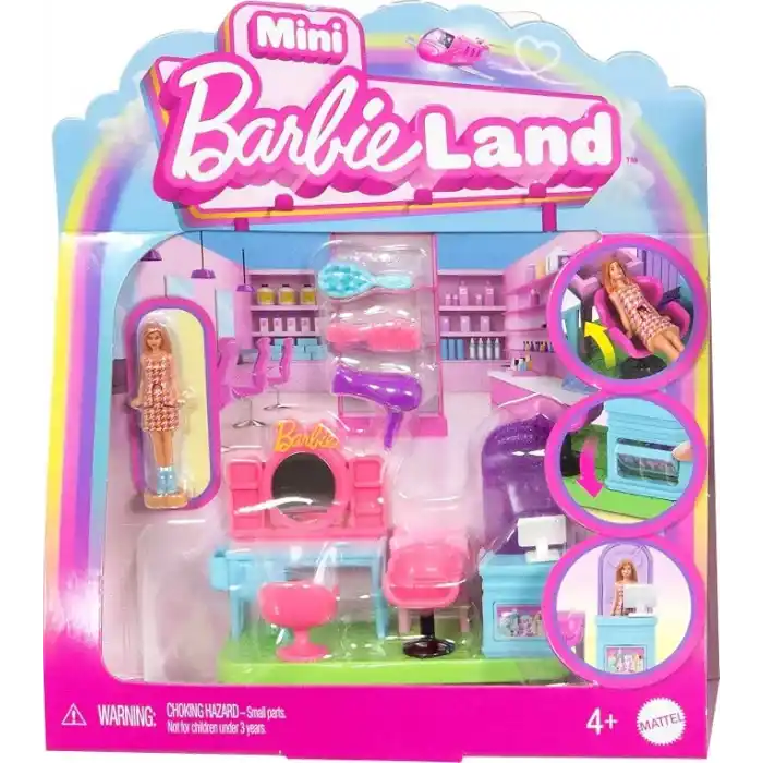 Barbie Mini BarbieLand koleksiyona uygun oyun seti, 4 cmlik bebek, aynalı kuaför tezgahı, şampuan bölümü ve hikaye anlatımına yönelik karşılama masası ile Kuaför Salonu, JCR32