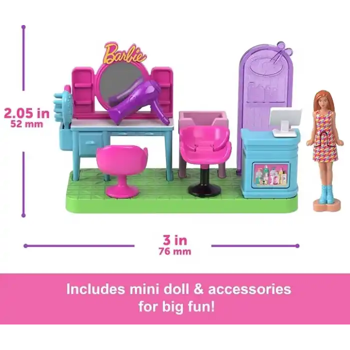 Barbie Mini BarbieLand koleksiyona uygun oyun seti, 4 cmlik bebek, aynalı kuaför tezgahı, şampuan bölümü ve hikaye anlatımına yönelik karşılama masası ile Kuaför Salonu, JCR32