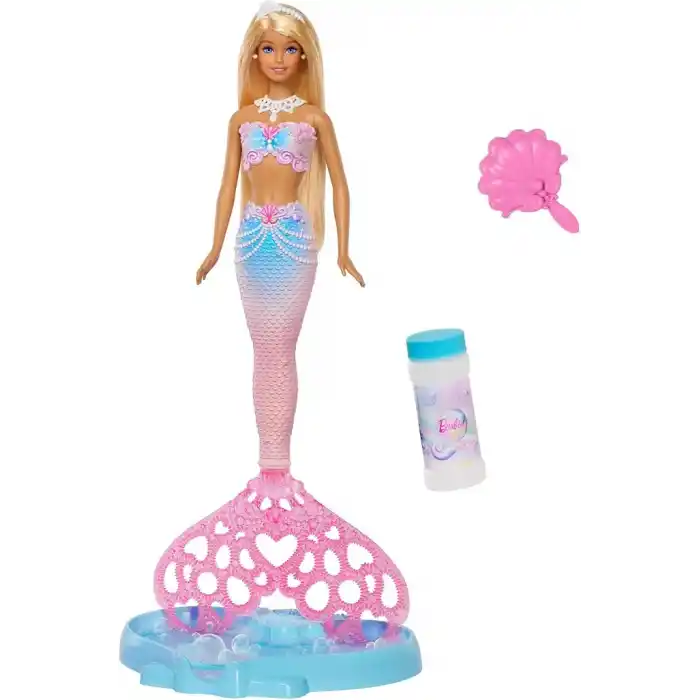 Baloncuk yapma özelliği ve solüsyonu ile uzun ve renkli meçli sarı saçları olan Barbie Baloncuk Rüyası Deniz Kızı bebek, tepsi ve tarak, JLW56
