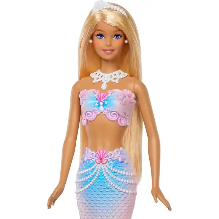 Baloncuk yapma özelliği ve solüsyonu ile uzun ve renkli meçli sarı saçları olan Barbie Baloncuk Rüyası Deniz Kızı bebek, tepsi ve tarak, JLW56