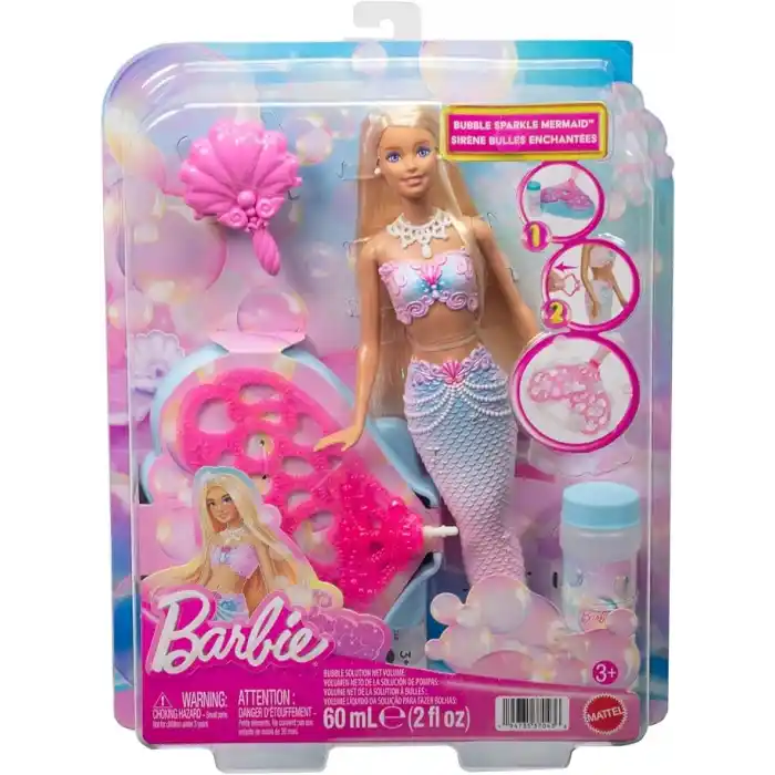 Baloncuk yapma özelliği ve solüsyonu ile uzun ve renkli meçli sarı saçları olan Barbie Baloncuk Rüyası Deniz Kızı bebek, tepsi ve tarak, JLW56