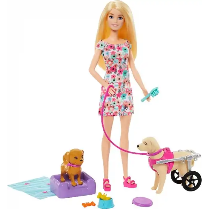 Barbie 2 oyuncak köpek ve aksesuarlarıyla Barbie bebek, tekerlekleri dönen çıkarılabilir yürüteçli köpekçik, 10dan fazla parçalı set, HTK37