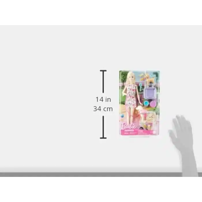 Barbie 2 oyuncak köpek ve aksesuarlarıyla Barbie bebek, tekerlekleri dönen çıkarılabilir yürüteçli köpekçik, 10dan fazla parçalı set, HTK37