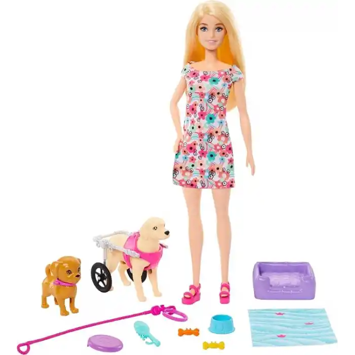 Barbie 2 oyuncak köpek ve aksesuarlarıyla Barbie bebek, tekerlekleri dönen çıkarılabilir yürüteçli köpekçik, 10dan fazla parçalı set, HTK37