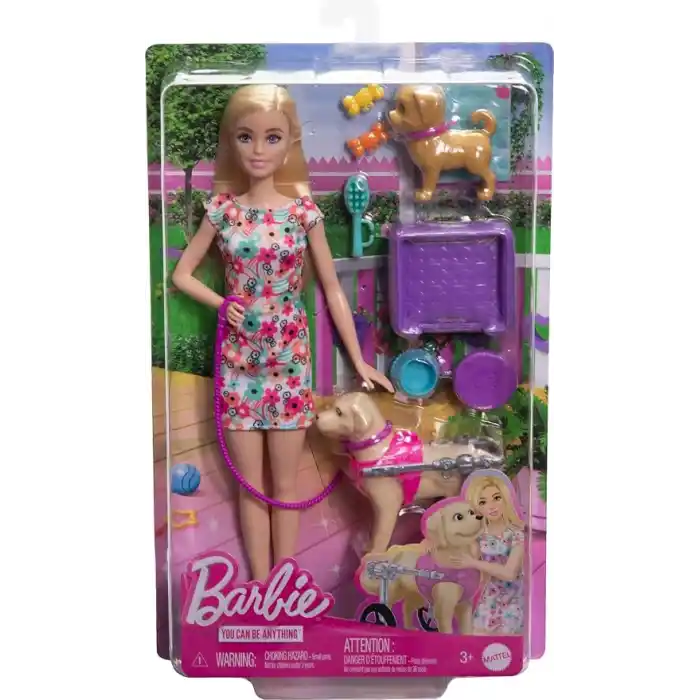 Barbie 2 oyuncak köpek ve aksesuarlarıyla Barbie bebek, tekerlekleri dönen çıkarılabilir yürüteçli köpekçik, 10dan fazla parçalı set, HTK37