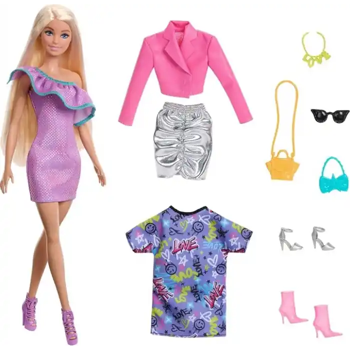 Barbie Moda Bebek, Kıyafetleri ve Akseasuarları Parti elbiseleri ve çantalar dahil kıyafetleri ve aksesuarlarıyla Barbie bebek (3 farklı kombin) HYT61