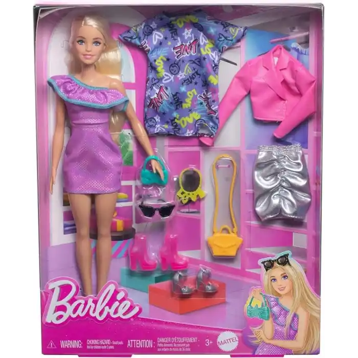 Barbie Moda Bebek, Kıyafetleri ve Akseasuarları Parti elbiseleri ve çantalar dahil kıyafetleri ve aksesuarlarıyla Barbie bebek (3 farklı kombin) HYT61
